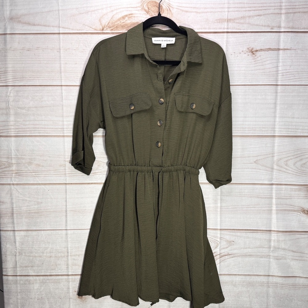 Emma & Michele Olive Green Utility Shirt Dress Elastic Waist Small